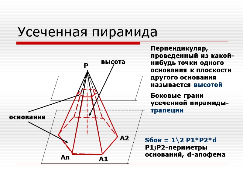 Усеченная пирамида Перпендикуляр, проведенный из какой-нибудь точки одного основания к плоскости другого основания называется